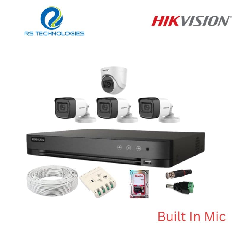 Hikvision 4CH DVR + 4 Full HD Audio Camera Combo Kit (1 Indoor + 3 Outdoor) – 2MP | 5MP Supported DVR (HIKHDC003) – RS Technologies offer