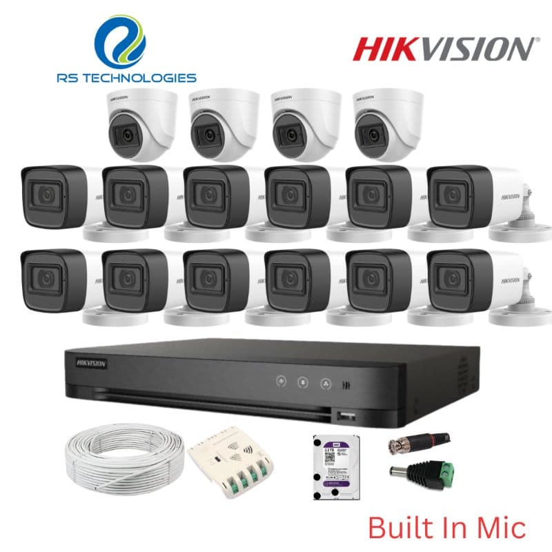 Hikvision 16CH DVR + 16 Full HD Audio Camera Combo Kit (2 Indoor + 14 Outdoor) – 2MP | 5MP Supported DVR (HIKHDC017) – RS Technologies offer