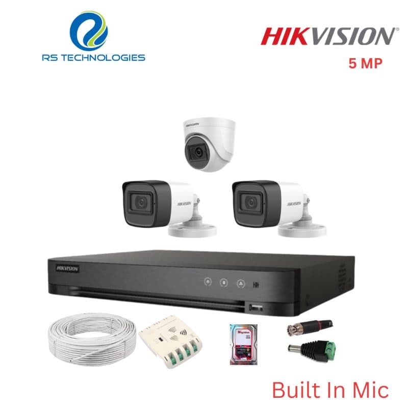 Hikvision 4CH 5MP DVR with 5MP Audio CCTV Camera Combo Kit – 1 Indoor + 2 Outdoor Full HD Surveillance System (HIKHDC019) – RS Technologies offer