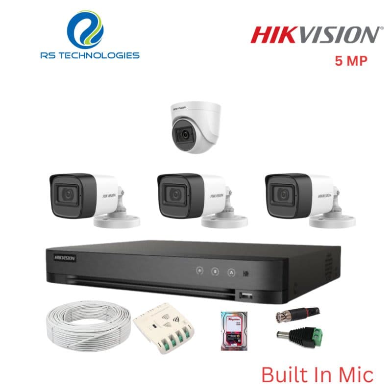Hikvision 4CH 5MP DVR with 5MP Audio CCTV Camera Combo Kit – 1 Indoor + 3 Outdoor Full HD Surveillance System (HIKHDC020) – RS Technologies offer