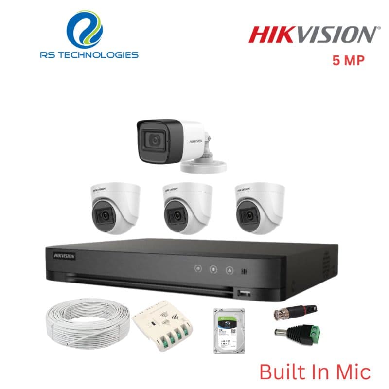 Hikvision 4CH 5MP DVR with 5MP Audio CCTV Camera Combo Kit – 3 Indoor + 1 Outdoor Full HD Surveillance System (HIKHDC022) – RS Technologies offer