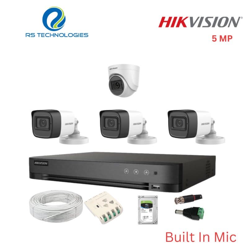 Hikvision 4CH 5MP DVR with 5MP Audio CCTV Camera Combo Kit – 1 Indoor + 3 Outdoor Full HD Surveillance System (HIKHDC021) – RS Technologies offer