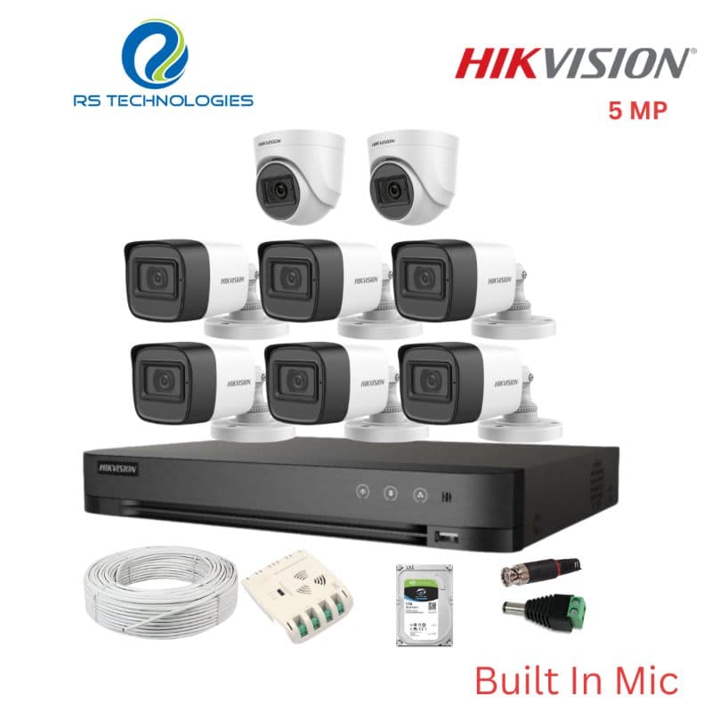 Hikvision 8CH 5MP DVR with 5MP Audio CCTV Camera Combo Kit – 2 Indoor + 6 Outdoor Full HD Surveillance System (HIKHDC025) – RS Technologies offer