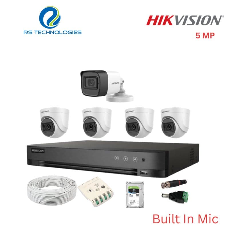 Hikvision 8CH 5MP DVR with 5MP Audio CCTV Camera Combo Kit – 4 Indoor + 1 Outdoor Full HD Surveillance System (HIKHDC026) – RS Technologies offer