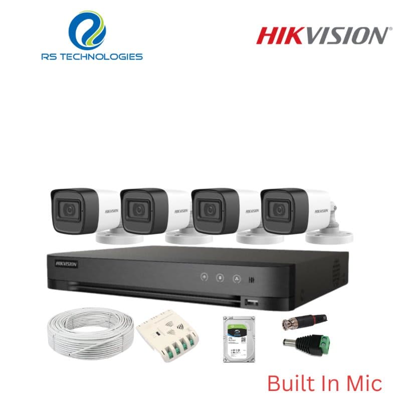 Hikvision 4CH 5MP Supported DVR, 2MP Outdoor 4 Audio Cameras Full HD Combo Kit